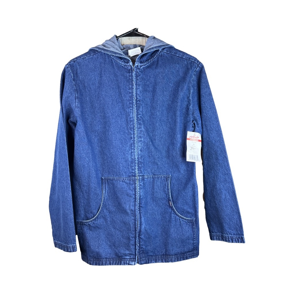 Chic Size Medium Denim Zipper Front Hoodie with Pockets & 3” side slit V…